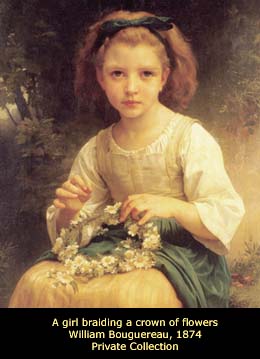 A young girl braiding a crown of flowers, by W. Bouguereau, 1874